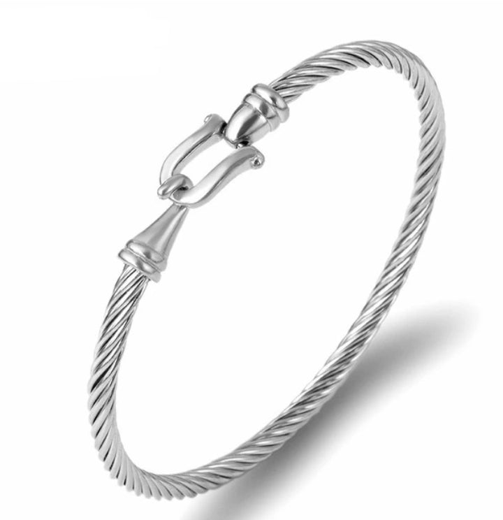 Twisted cable cuff bracelet with stylish hook closure