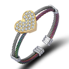 ギャラリービューアに画像を読み込み、Diamond-studded peach heart steel wire rope Unisex stainless steel cuff bracelet
