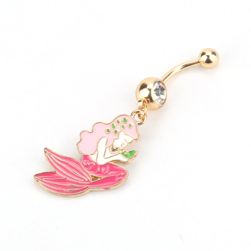 Mermaid Fishtail Design Pink Enamel Gold Plated Crystal Design Belly Button Ring