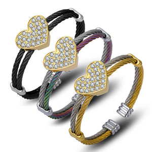 Diamond-studded peach heart steel wire rope Unisex stainless steel cuff bracelet