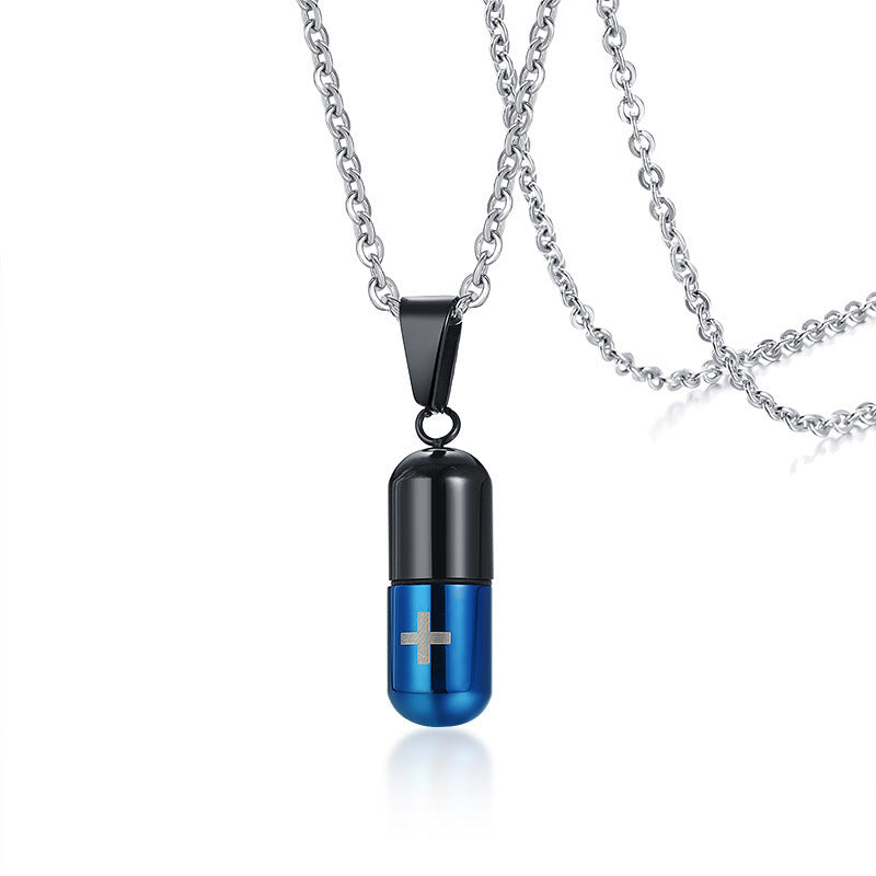 Pill perfume bottle pendant laser cross titanium steel