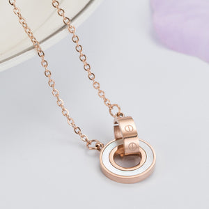 Rose gold double ring inlaid shell elegant stainless steel pendant clavicle chain